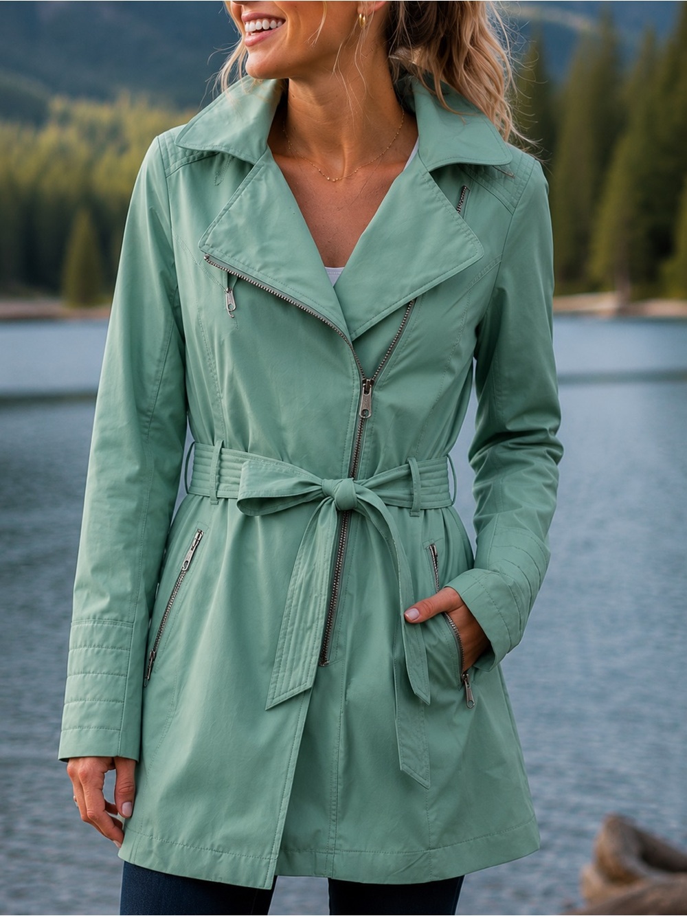 Black Rivet Mint Green Hooded Trench Coat